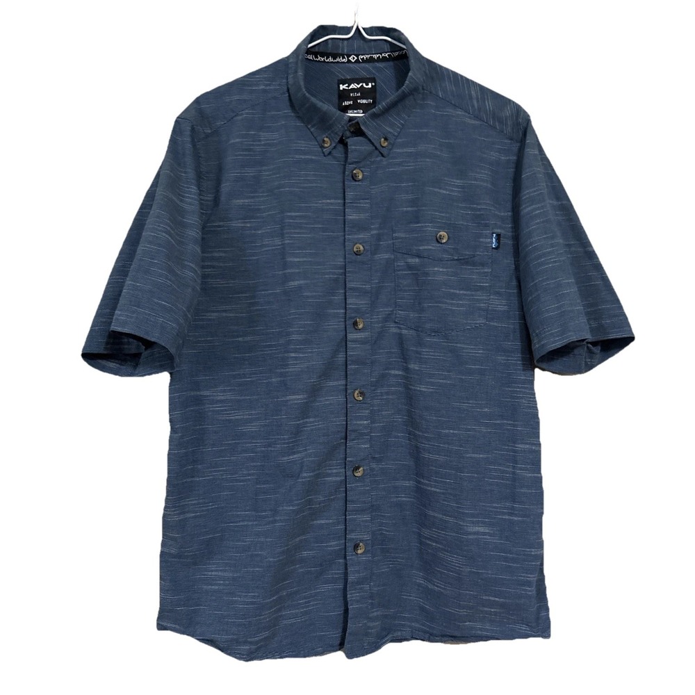 KAVU Men's M Short Sleeve Button Down Casual Shirt Blue Striped Outdoor Hiking